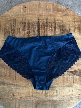 Empriente Navy Satin & Lace High-Cut Bikini Briefs